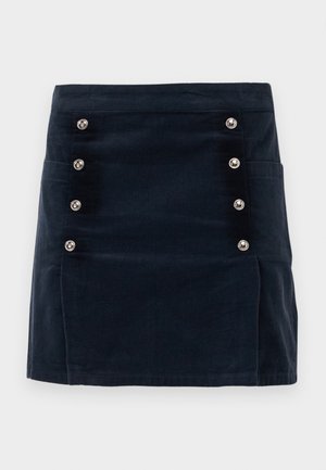 Gonna in velluto a coste navy con forma dritta, cinque bottoni metallici frontalmente e due tasche laterali per la funzionalità.