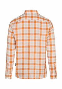 Langarmshirt in een oranje en crèmekleurig geruit patroon, gemaakt van lichte stof. Voorzien van een doorlopende kraag en knoopmanchetten.