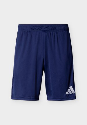 Pantaloncini sportivi blu navy con vita elastica e logo Adidas bianco sulla parte inferiore della gamba destra, mostrati distesi su uno sfondo bianco.