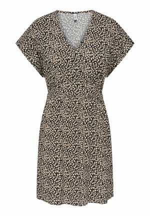 Črna obleka s kratkimi rokavi, v-izrezom, elastičnim pasom in bež vzorcem listov po vsej površini.