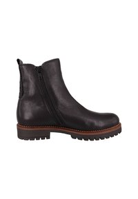 Schwarze Lederstiefeletten mit seitlichen Reißverschlüssen, robusten Sohlen und braunen Nähten. Schlanker Schnitt mit einer strukturierten Oberfläche.
