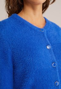 Modrý chlupatý cardigan s kulatým výstřihem, obsahující stříbrné knoflíky a měkký, texturovaný povrch. Detailní pohled na horní oděv.