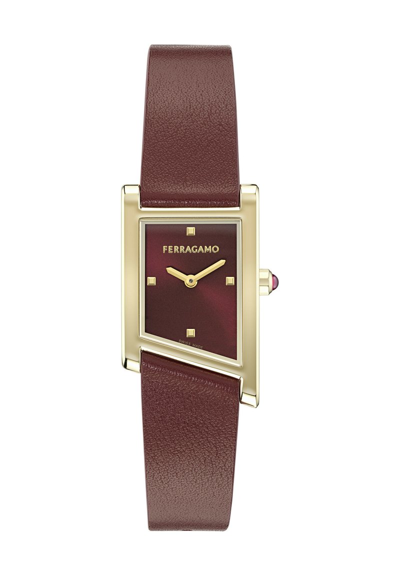 Ferragamo ura z bordo usnjem, kvadratno ohišje v zlatem tonu, temno bordo številčnico, zlate ure in dekorativna krona.