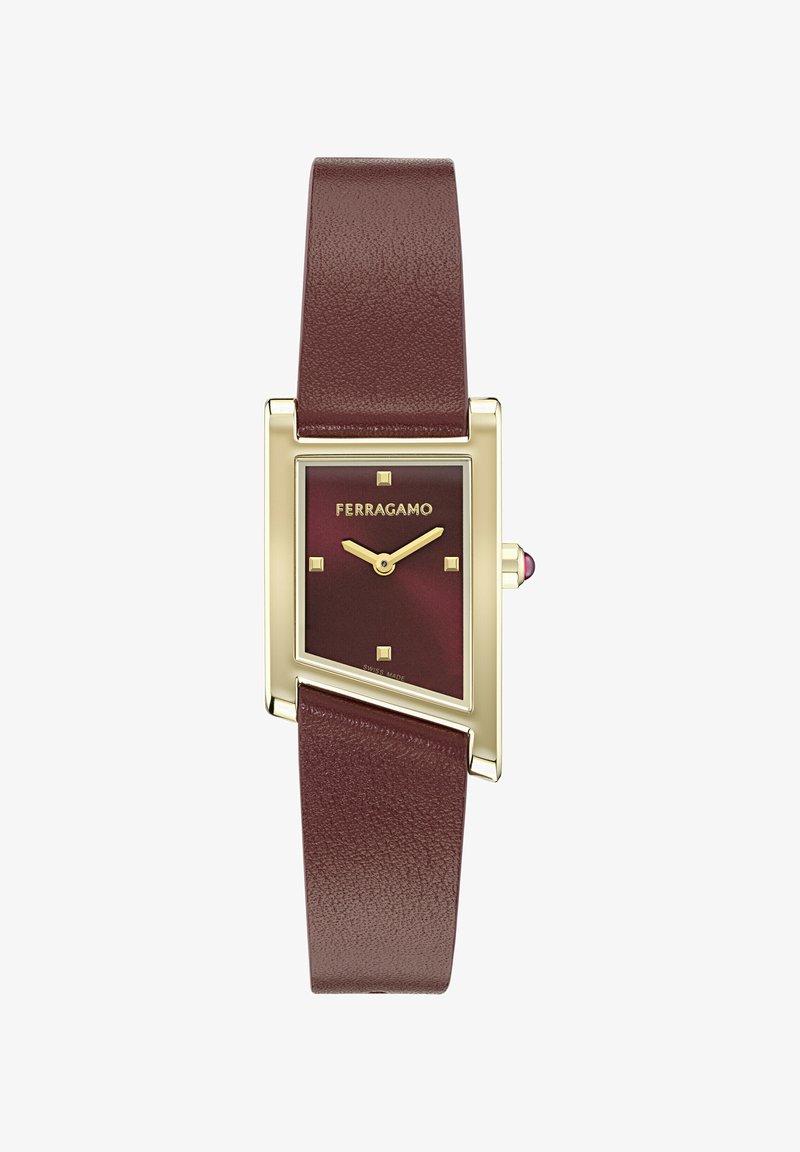Ferragamo ura z bordo usnjem, kvadratno ohišje v zlatem tonu, temno bordo številčnico, zlate ure in dekorativna krona.