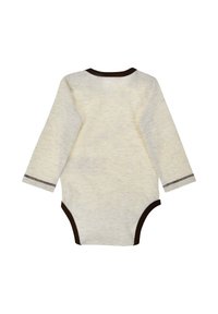 Long-sleeve baby bodysuit in light cream with a subtle striped pattern. Brown trim around the neckline and leg openings. Soft, lightweight fabric.