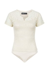 Kant bodysuit met korte mouwen. Crème kleur, bloemenpatroon, gegolfde halslijn. Zachte, lichte stof met een getailleerde pasvorm.