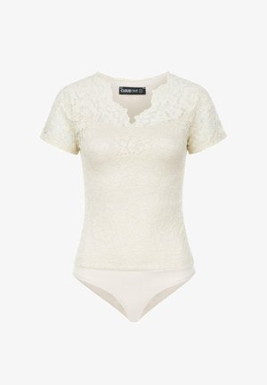 Lace bodysuit med korte ærmer. Cremefarvet, blomstermønster, bølget udskæring. Blødt, let stof med en tætsiddende form.