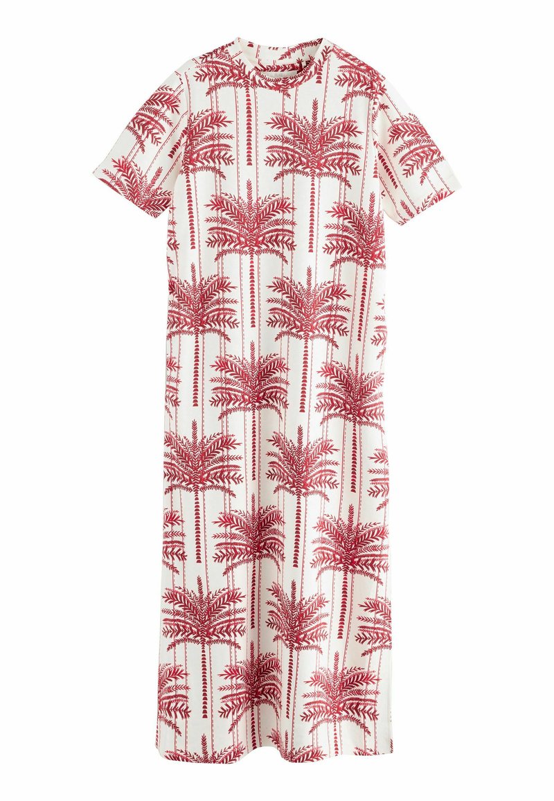 Punainen ja valkoinen lyhythihainen mekko, jossa on palmun kuva. Ominaisuuksiin kuuluu pyöreä kaula-aukko ja valuva muotoilu, joka on valmistettu kevyestä kankaasta.
