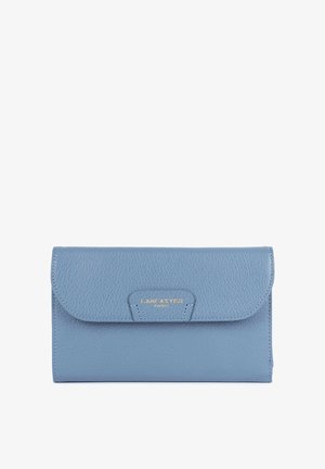 Blue leather wallet with a textured finish, featuring a flap closure and gold logo, offering a sleek and modern design.