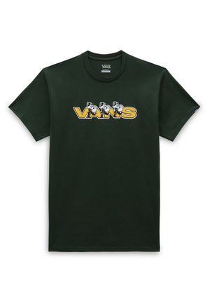 Dunkelgrünes Kurzarm-T-Shirt aus Baumwolle mit einem großen gelben und schwarzen "VANS"-Grafikaufdruck auf der Vorderseite. Einfaches Rundhalsdesign.