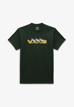 T-shirt à manches courtes vert foncé en coton présentant un grand graphique "VANS" jaune et noir sur le devant. Design simple avec encolure ras du cou.
