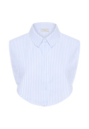 Camisa sin mangas de rayas verticales en azul claro y blanco con cuello, botones delanteros y dobladillo curvo.