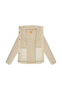 Giacca in pile beige con una texture morbida, chiusura a bottoni a pressione, due tasche frontali e un'etichetta arancione sull'imbottitura interna.
