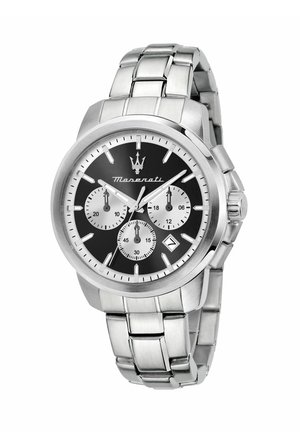 Orologio cronografo Maserati in acciaio inossidabile argento con quadrante nero, tre sottoquadranti, finestra per la data e logo Maserati a ore 12.