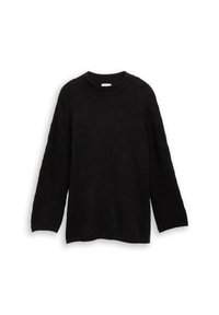 Zwarte trui met lange mouwen, subtiel luipaardpatroon, ronde hals en rechte zoom, getoond op een witte achtergrond.