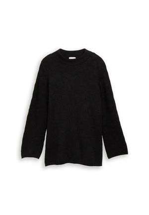 Zwarte trui met lange mouwen, subtiel luipaardpatroon, ronde hals en rechte zoom, getoond op een witte achtergrond.