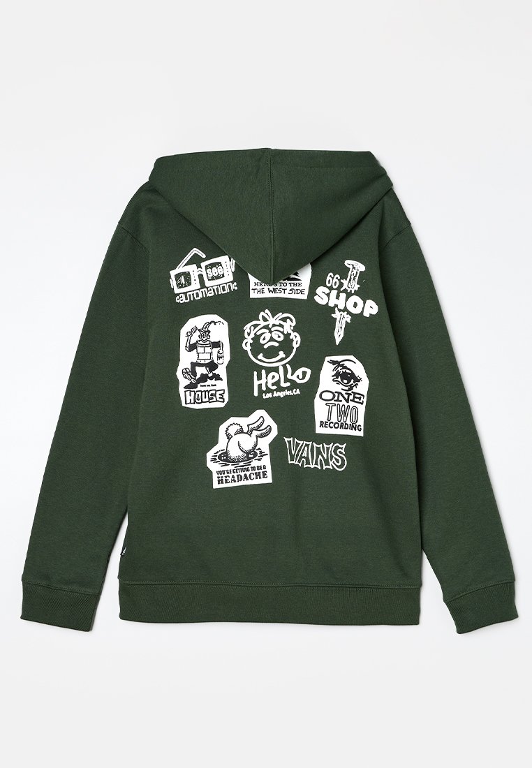 Groene katoenen hoodie met een trekkoord in de capuchon, geribde boorden en meerdere witte grafische afdrukken met verschillende frases en karakters.