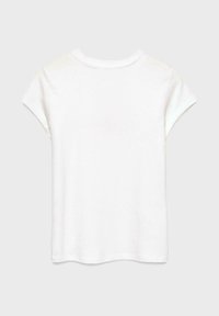 T-shirt blanc à manches courtes avec un col rond, texture douce et coupe décontractée. Présente un dos uni sans motifs ni embellissements.