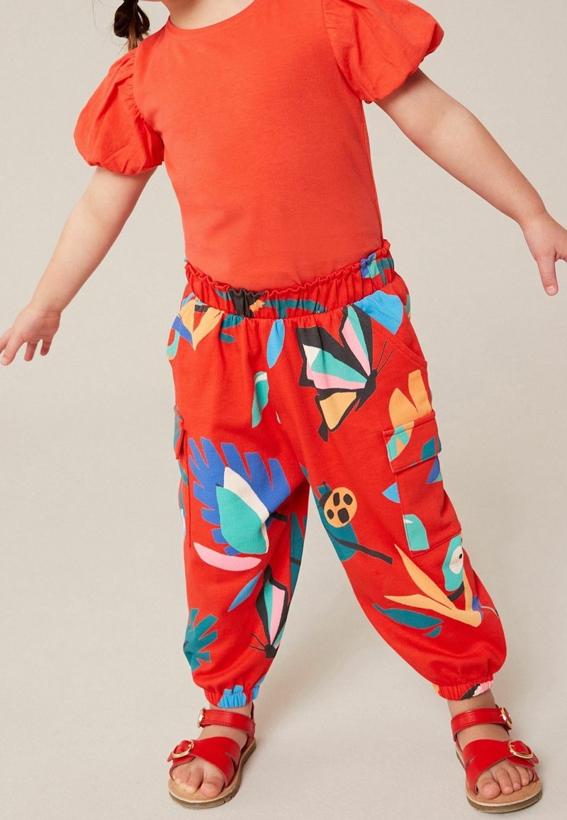 Tout-petit portant un haut rouge vif à manches bouffantes, un pantalon avec un imprimé coloré de papillons et de feuilles, et des sandales rouges, debout les bras étendus.