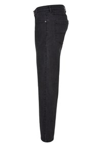Pantalones de mezclilla negros con un ajuste slim, diseño de pierna recta, estilo de cinco bolsillos y una textura sutil. Presenta un cierre de botón metálico.