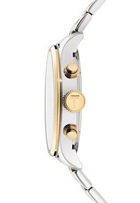 Silver metal watch featuring a gold-accented bezel, two gold buttons, and a textured crown with a "T" logo on the side.