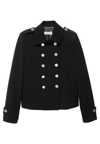 Veste noire croisée à double boutonnage avec boutons argentés, épaulettes aux épaules, poignets boutonnés, col large et deux poches avant.