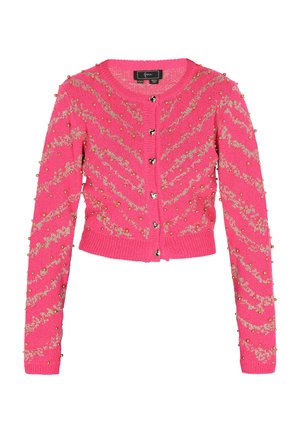 Rosa gestrickte Strickjacke mit goldenen Zickzackmustern und dekorativen Perlen. Herzförmige Knöpfe entlang der Vorderseite. Kürzerer Schnitt mit langen Ärmeln.
