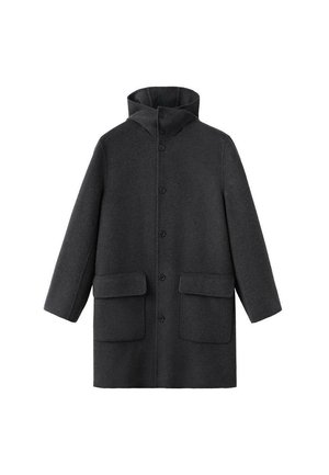 Dark gray wool coat with a high collar, front buttons, and two roomy pockets. Features a straight cut and long sleeves.