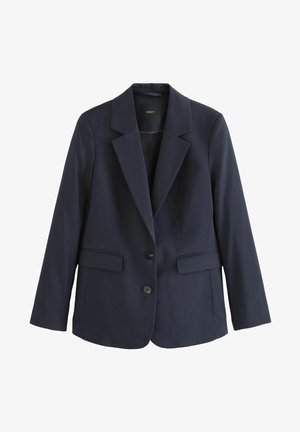 Navy blue blazer made of smooth fabric, featuring a notched collar, two front pockets, and two black buttons on the front.