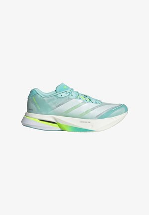 Lightweight running shoe in mint green and white, with mesh upper and flexible sole. Features three stripes and a textured heel counter.