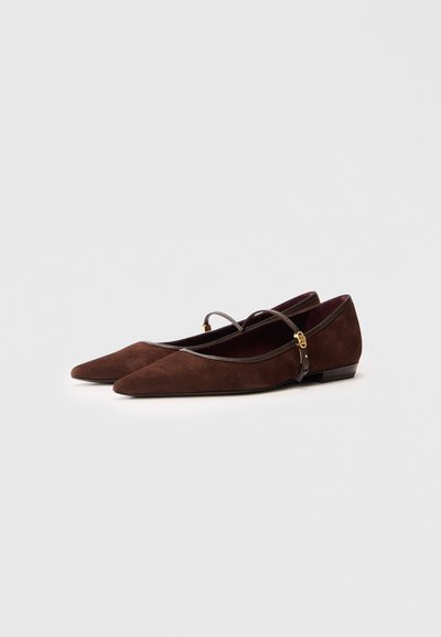 Chaussures plates en daim marron avec un bout pointu, dotées d'une fine sangle et d'un accent en métal doré, talon bas et texture lisse.