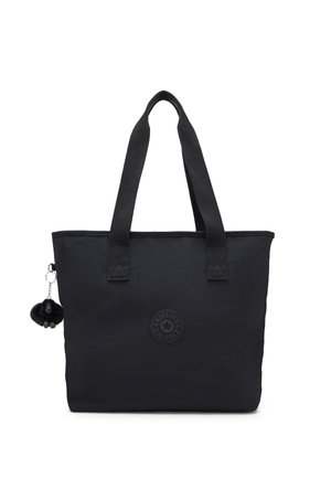 Borsa tote in tessuto nero con due manici, logo circolare al centro e un piccolo portachiavi in peluche attaccato sul lato sinistro.