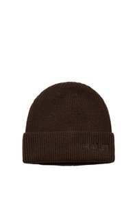 Brązowa dzianinowa czapka z założonym mankietem, z kontrastowym haftem "HALO" z przodu. Wykonana z miękkiego, teksturowanego materiału.