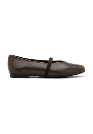 Brune læder balletflade med rund tå og en elastisk rem over vristen. Har en lav, fleksibel sort gummisål.