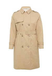 Beiger Trenchcoat mit doppeltknöpfbarem Design, großen Knöpfen, Gürtel in der Taille und Schulterklappen. Hergestellt aus glattem, leichtem Stoff.