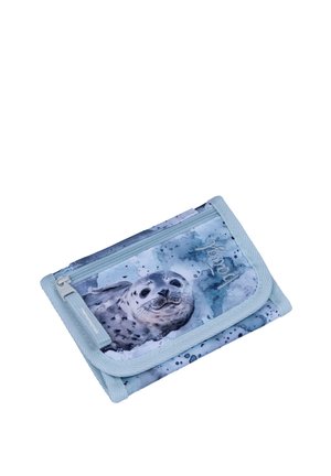 Hellblaue Stoffbrieftasche mit aufgedrucktem lächelnden Seehundsgesicht, Reißverschlusstasche und „party“ auf der vorderen Klappe gestickt.