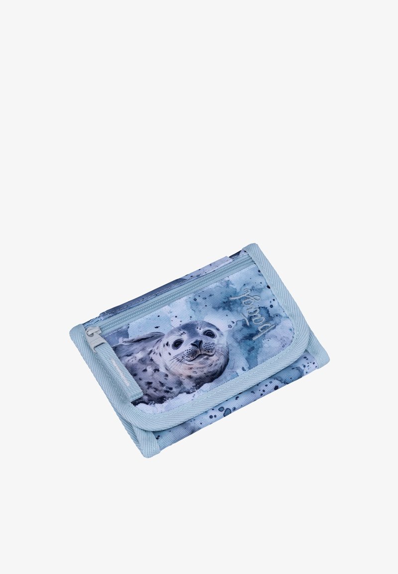 Light blue fabric wallet with a smiling seal face print, zipper pocket, and "party" embroidered on the front flap.