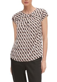 Blouse à manches courtes en tissu léger, avec un motif géométrique en crème, marron et orange. Encolure plissée, coupe décontractée.