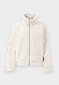Veste en polaire de couleur blanc cassé, dotée d'un col haut, d'une fermeture éclair à l'avant, et d'un tissu texturé et doux avec des manches longues et des poignets élastiques.