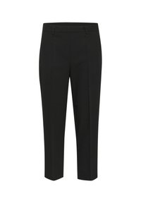 Pantalon noir sur mesure avec une coupe droite, deux plis à l'avant et une texture lisse. Longueur cheville avec une taille classique.