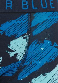 Moške športne hlače z temno modrim elastičnim pasom, na katerem je napis "R BLUE", ter grafičnim dizajnom modrih črt in pikčastih vzorcev.