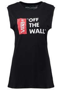T-shirt en coton noir sans manches avec un motif graphique rouge et blanc portant les inscriptions "VANS" et "OFF THE WALL". Coupe décontractée avec col rond.