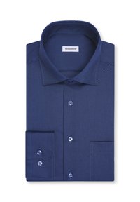 Chemise habillée bleu marine à manches longues pliée, avec de fines rayures diagonales et des boutons à l'avant et aux poignets, étiquetée "seidensticker."