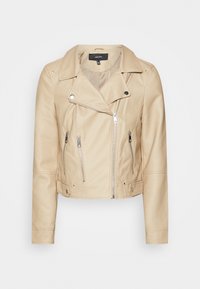 Beige cropped bikerjack van imitatieleer met asymmetrische ritssluiting aan de voorkant, twee verticale ritssluitingen aan de zakken en drukknopdetails aan de kraag en zoom.