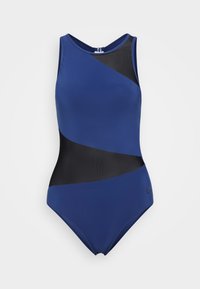 One-piece swimsuit in dark blue with black mesh paneling. Features a high neckline and a fitted silhouette. Smooth texture and minimalistic design.