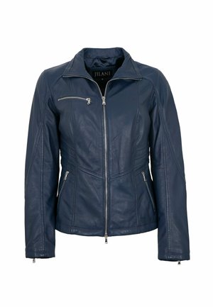 Marineblaue Lederjacke mit Frontreißverschluss, einer Reißverschlusstasche auf der Brust, zwei seitlichen Reißverschlusstaschen und langen Ärmeln mit Reißverschluss an den Bündchen.