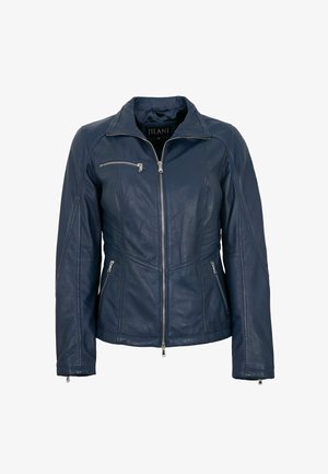 Marineblaue Lederjacke mit Frontreißverschluss, einer Reißverschlusstasche auf der Brust, zwei seitlichen Reißverschlusstaschen und langen Ärmeln mit Reißverschluss an den Bündchen.