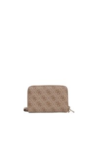 Portafoglio marrone con motivo, dotato di chiusura a zip, caratterizzato da un design del logo discreto e una superficie liscia al tatto. Forma rettangolare compatta.