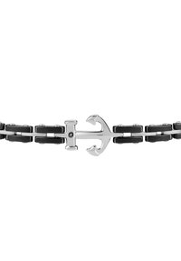Bracciale nero caratterizzato da maglie in metallo con una chiusura a forma di ancora argentata. Il design è elegante, con una texture liscia e una finitura lucida.