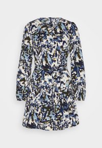 Mekko, jossa on pitkät hihat, sinivalko-vihreällä abstraktilla kuviolla, vyötäröltä kireä ja liehuva hame sekä pyöreä pääntie.